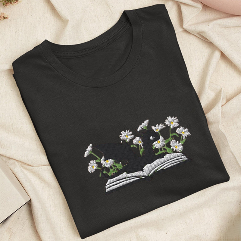 Embroidered Floral Dragon Book Classic Adult Unisex Crew Neck T-Shirt