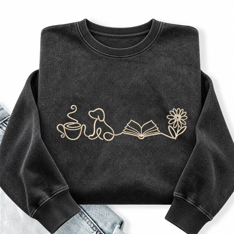 Embroidered Coffee Dog Book Flowers Washed Crewneck Sweatshirt