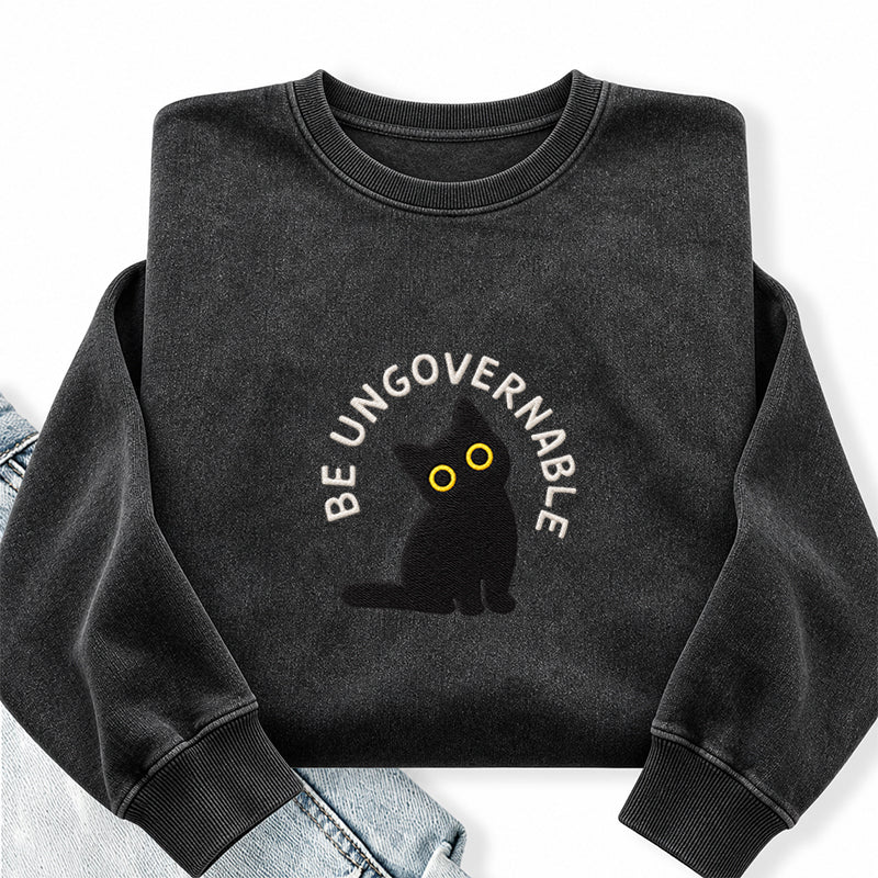 Embroidered Be Ungovernable Black Cat Washed Crewneck Sweatshirt