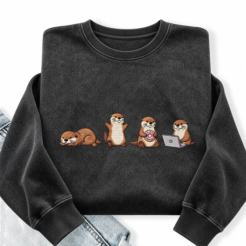 Embroidered Sea Otters Washed Crewneck Sweatshirt