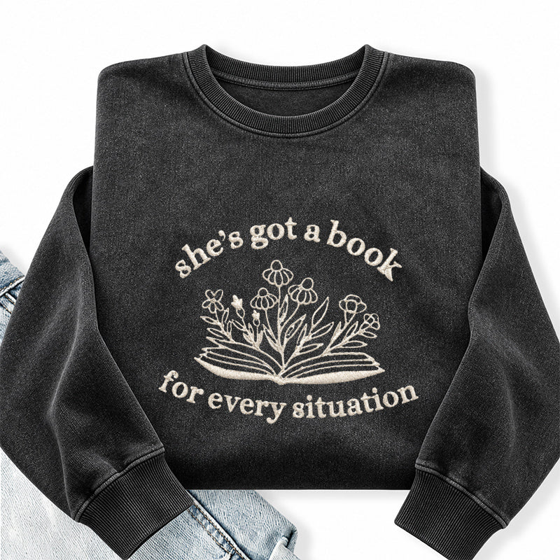 Embroidered She's Got A Book Washed Crewneck Sweatshirt