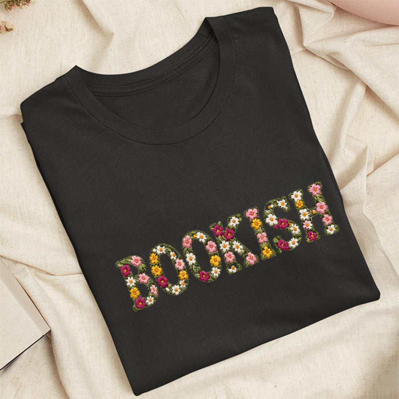 Embroidered Floral Bookish Classic Adult Unisex Crew Neck T-Shirt