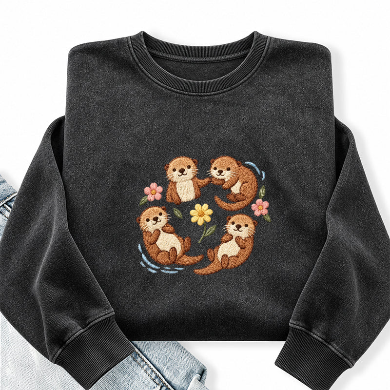 Embroidered Sea Otters And Flowers Washed Crewneck Sweatshirt