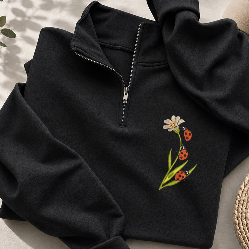 Embroidered Ladybug & Daisy Classic Quarter Zip Sweatshirt