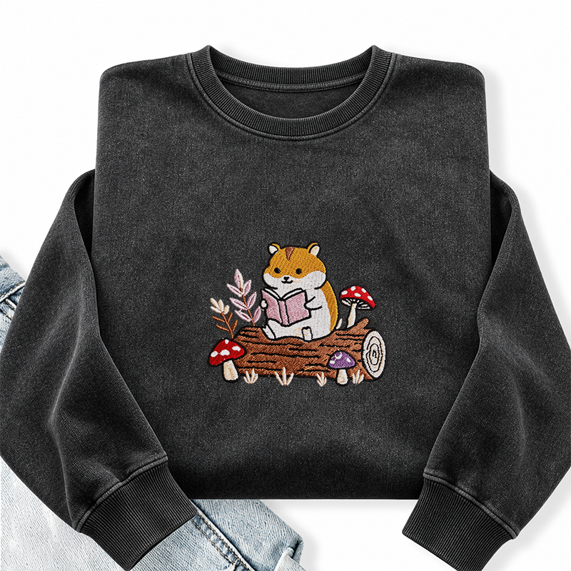 Embroidered Hamster Reading Books Washed Crewneck Sweatshirt