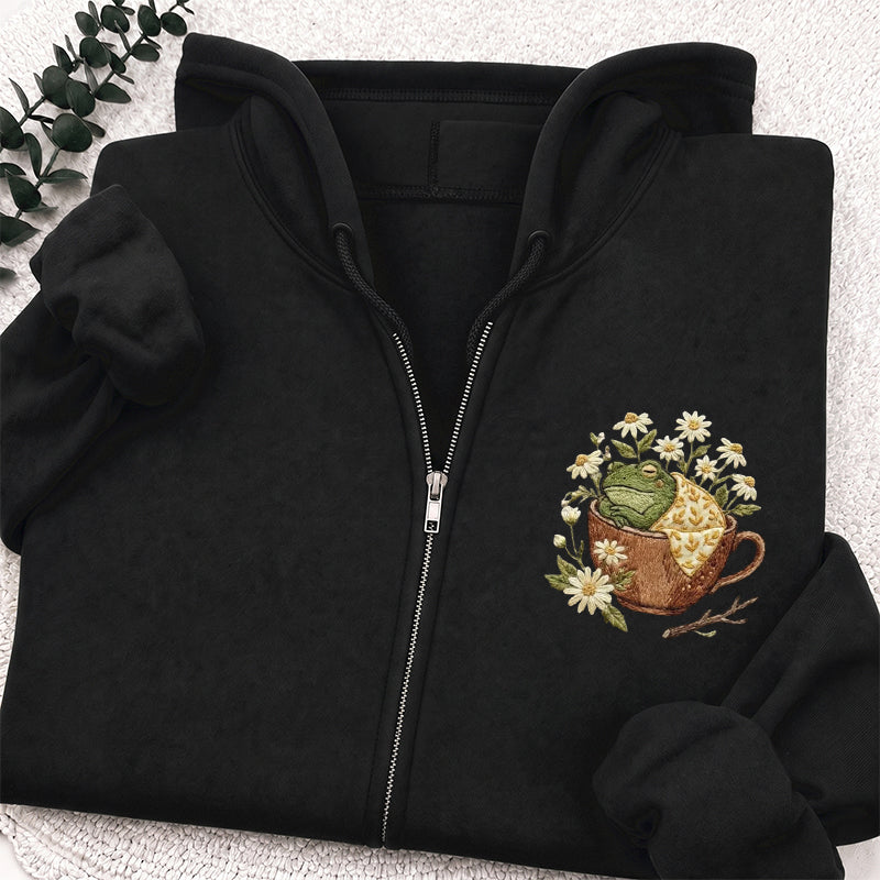 Embroidered Frog in Teacup Classic Adult Unisex Full Zip Hoodie