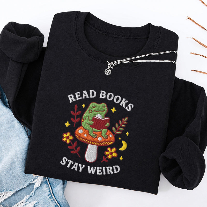 Embroidered Read Books Stay Weird Reading Frog Classic Crewneck Sweatshirt