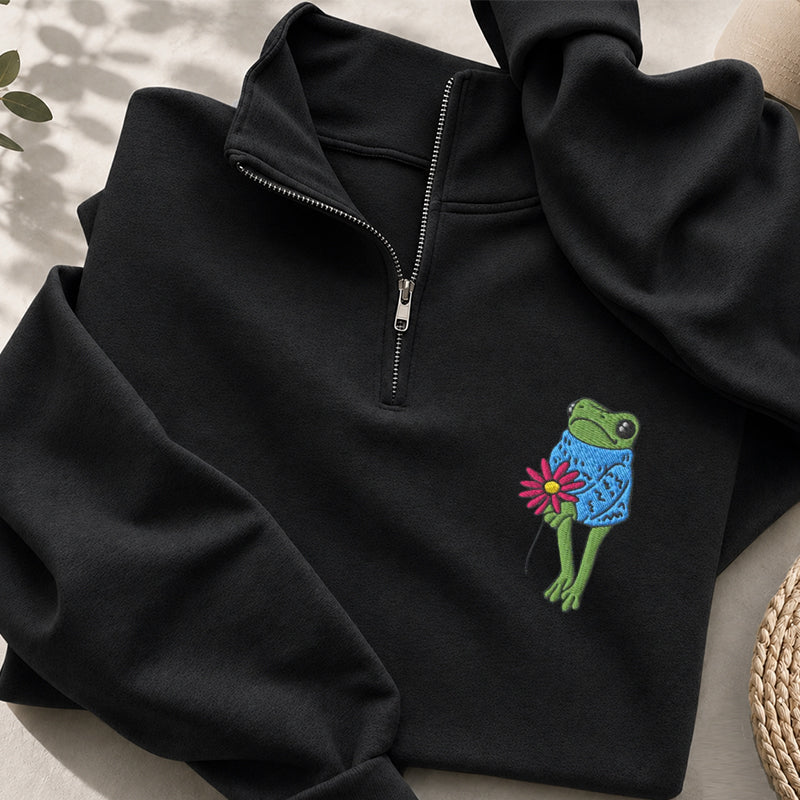 Embroidered Flower Frog Classic Quarter Zip Sweatshirt