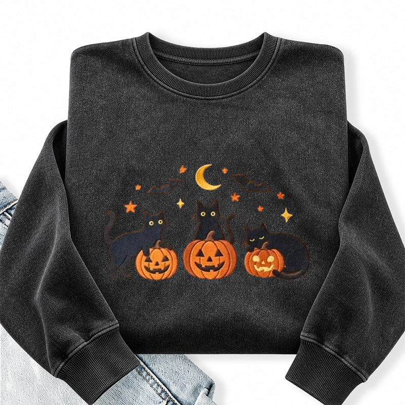 Embroidered Black Cat Pumpkins Washed Crewneck Sweatshirt