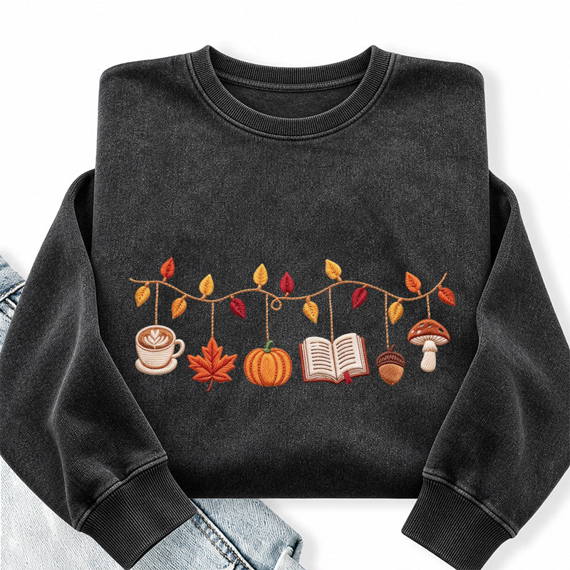 Embroidered Coffee Books Pumpkin Mushroom Washed Crewneck Sweatshirt