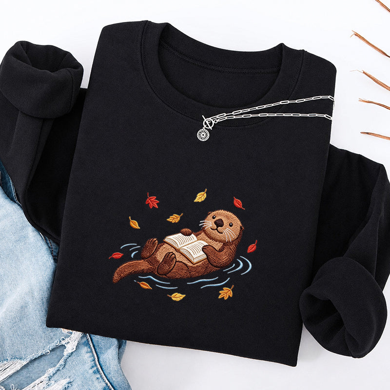 Embroidered Otter Reading Book Classic Crewneck Sweatshirt