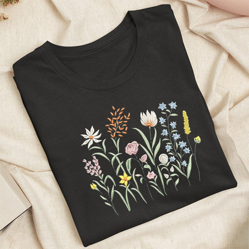 Embroidered Cute Wildflowers Classic Adult Unisex Crew Neck T-Shirt