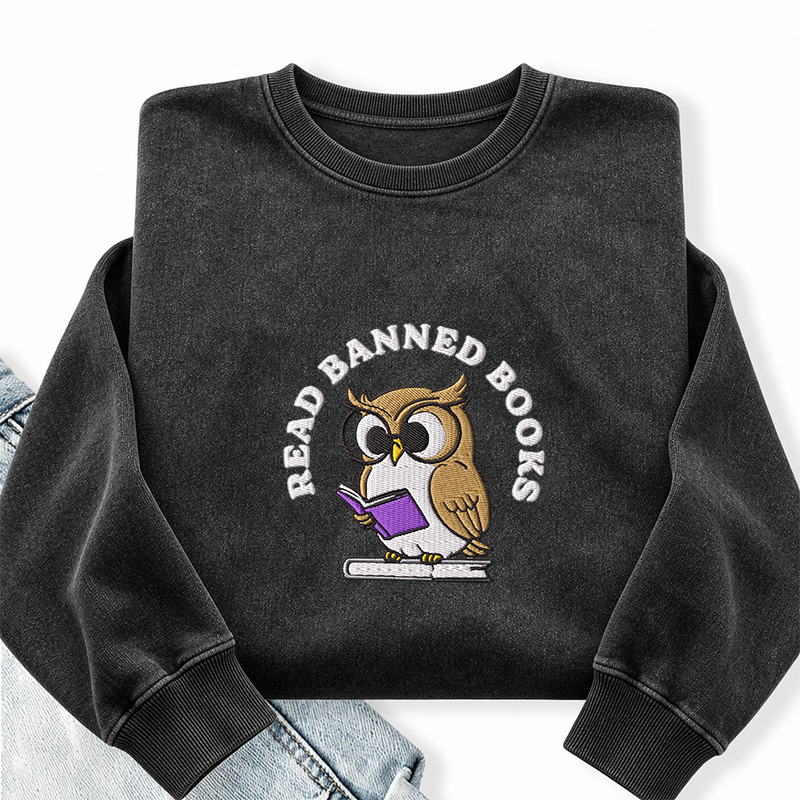 Embroidered Read Banned Books Owl Washed Crewneck Sweatshirt
