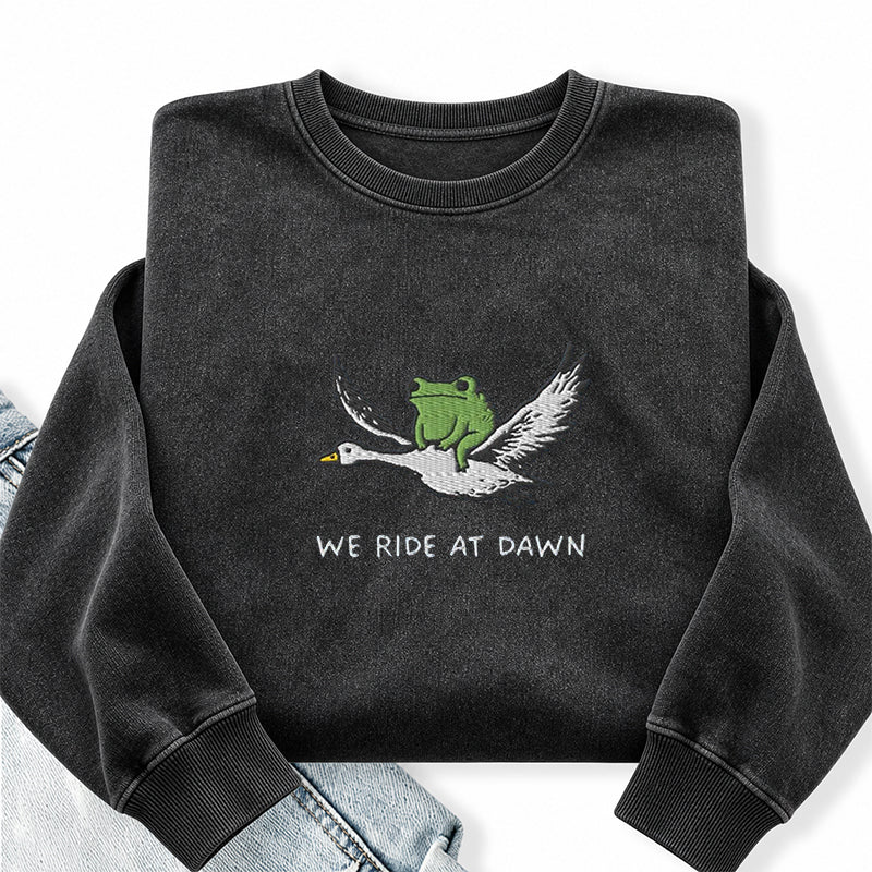 Embroidered We Ride At Dawn Frog Washed Crewneck Sweatshirt