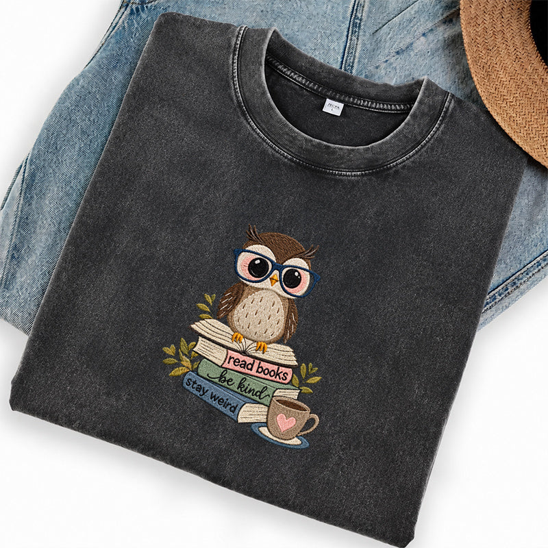 Embroidered Read Books Be Kind Owl Washed Crew Neck T-Shirt