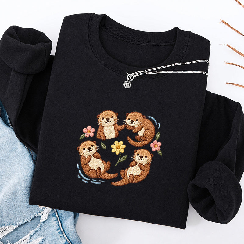Embroidered Sea Otters And Flowers Classic Crewneck Sweatshirt