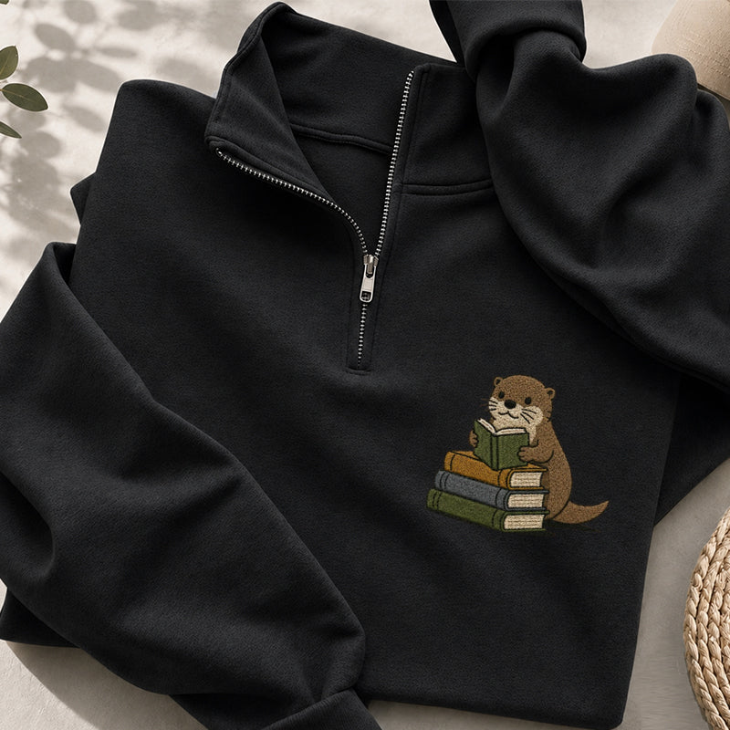 Embroidered Reading Otter Classic Quarter Zip Sweatshirt