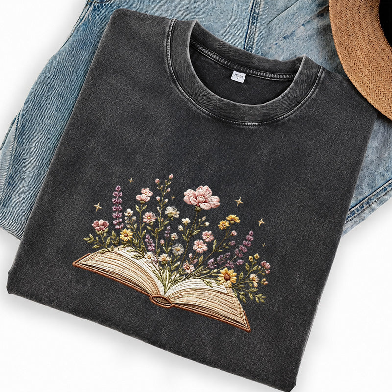 Embroidered Floral Book Washed Crew Neck T-Shirt