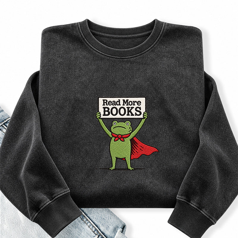Embroidered Read More Books Frog Washed Crewneck Sweatshirt
