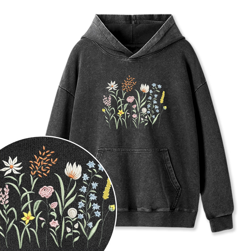 Embroidered Cute Wildflowers Washed Hoodie