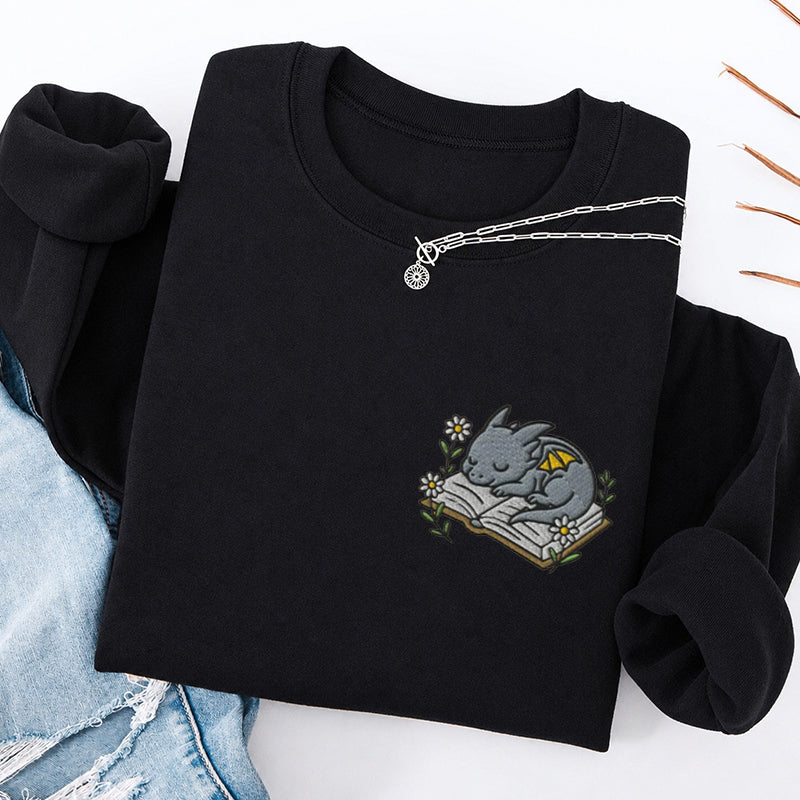 Embroidered Sleeping Dragon Book Classic Crewneck Sweatshirt