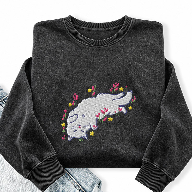 Embroidered Floral Playing Cat Washed Crewneck Sweatshirt