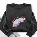 Embroidered Floral Playing Cat Washed Crewneck Sweatshirt
