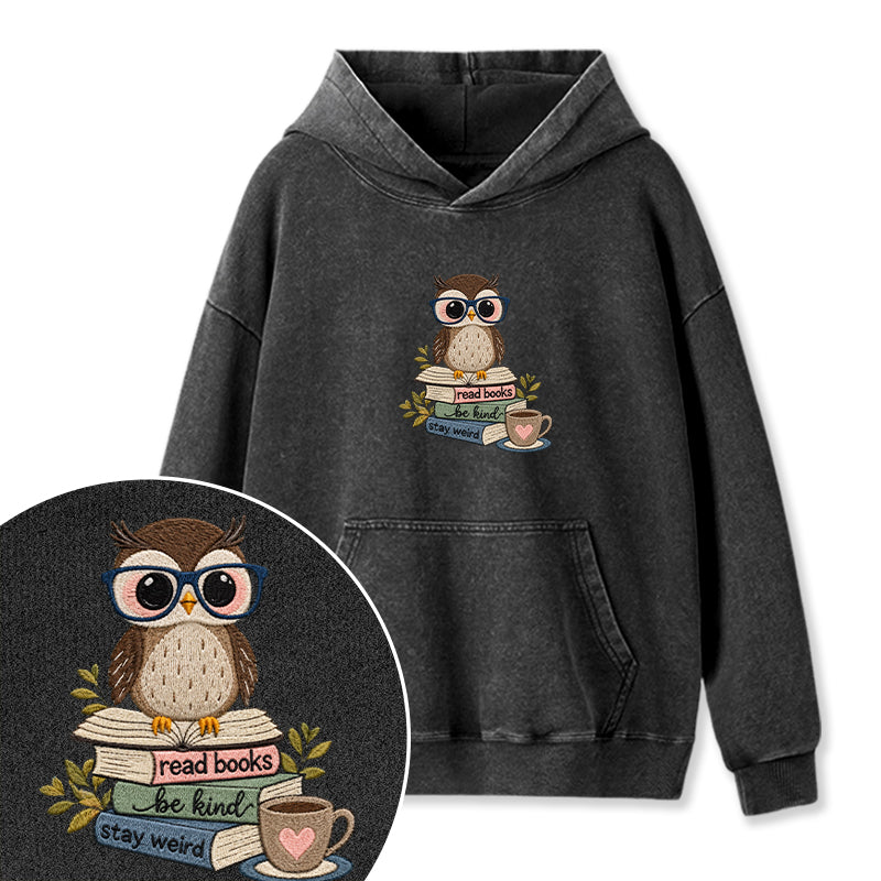 Embroidered Read Books Be Kind Owl Washed Hoodie