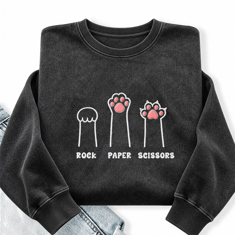 Embroidered Rock Paper Scissors Cat Paw Washed Crewneck Sweatshirt