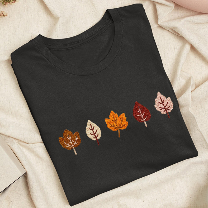 Embroidered Fall Leaves Classic Adult Unisex Crew Neck T-Shirt