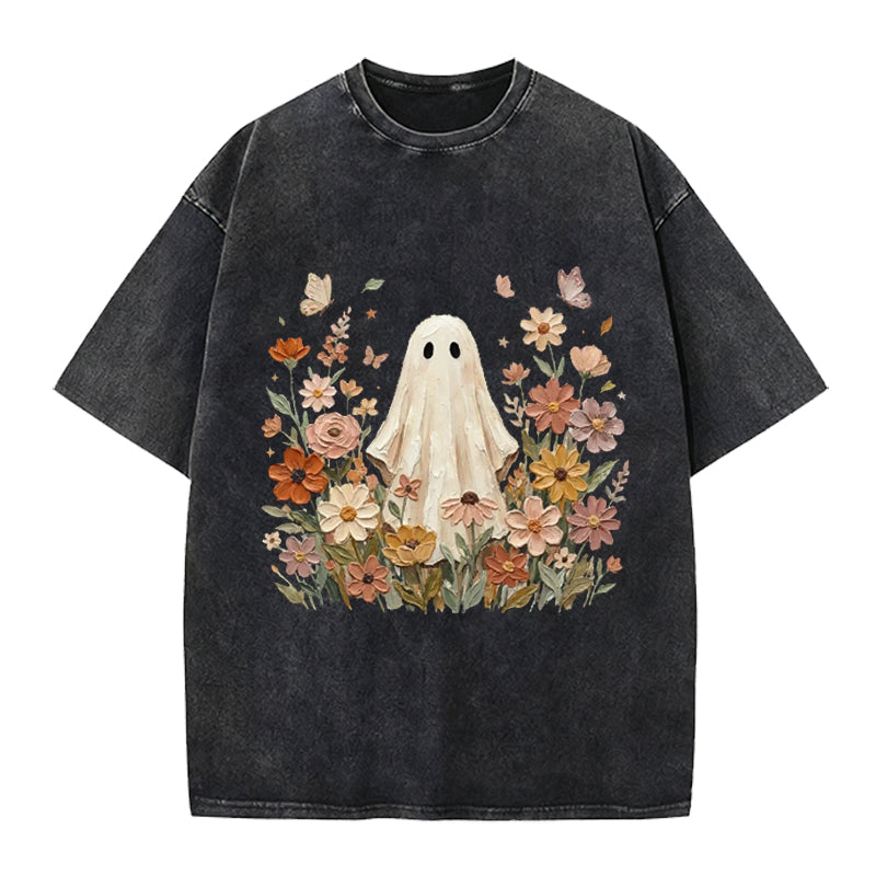Vintage Ghost With Flowers Washed Crew Neck T-Shirt
