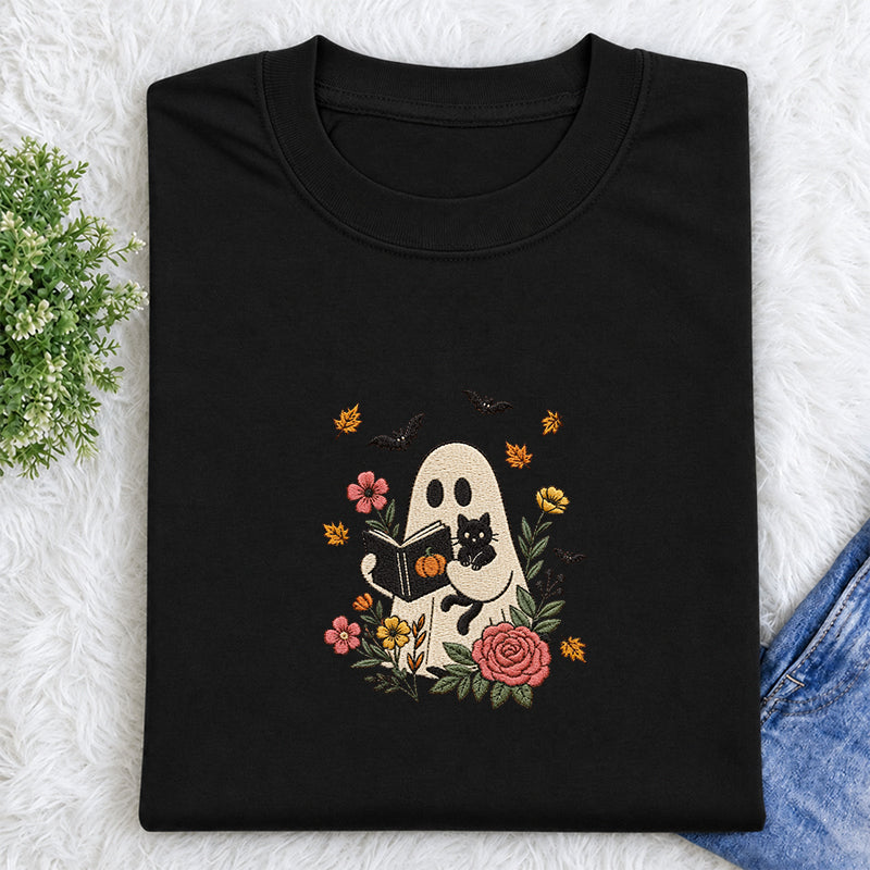 Embroidered Floral Ghost Reading Classic Crew Neck T-Shirt