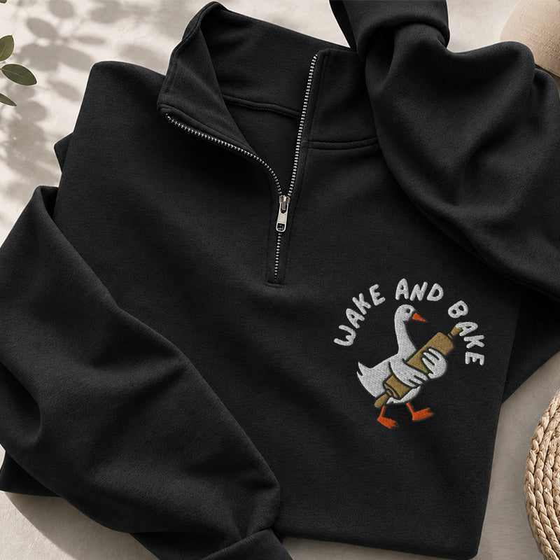 Embroidered Wake And Bake Classic Quarter Zip Sweatshirt