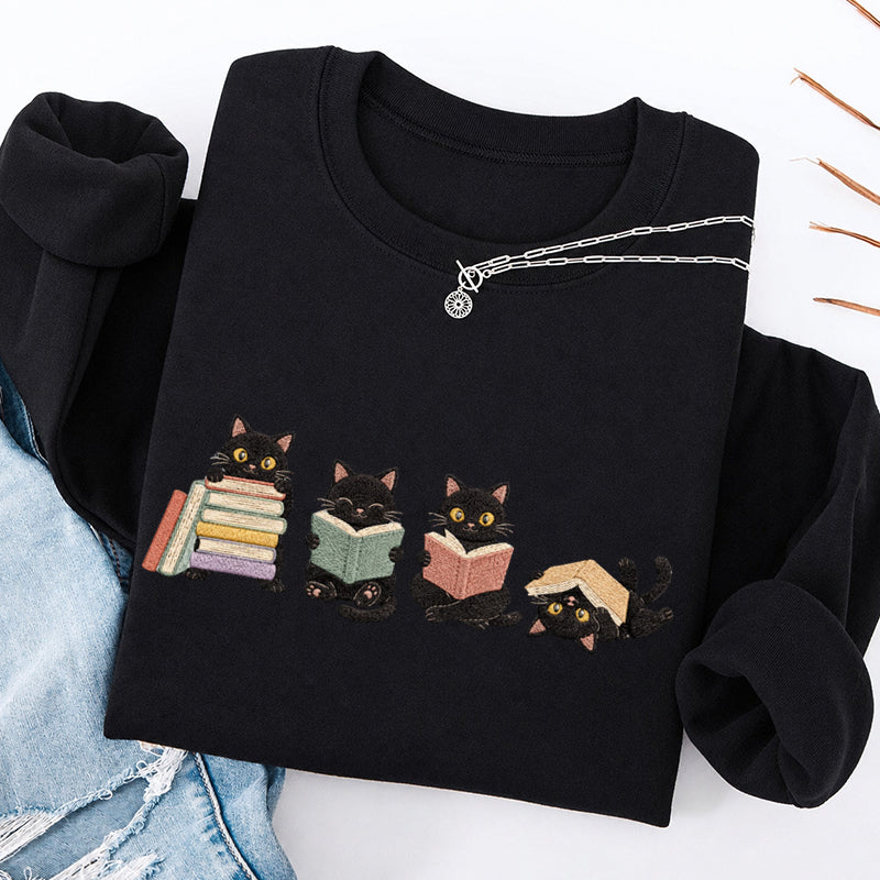 Embroidered Cat Reading Classic Crewneck Sweatshirt