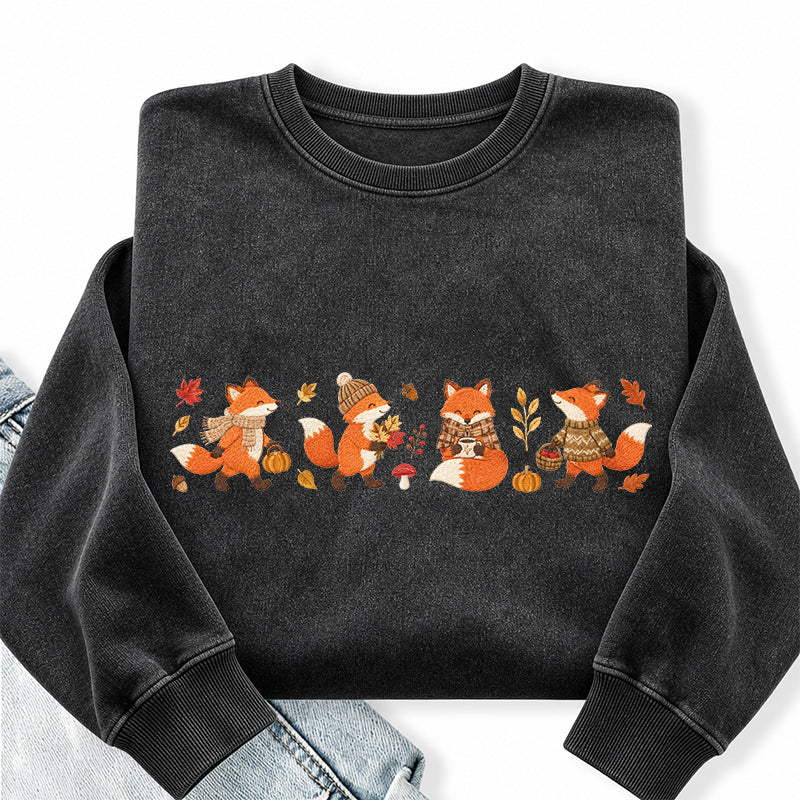 Embroidered Fall Fox Washed Crewneck Sweatshirt