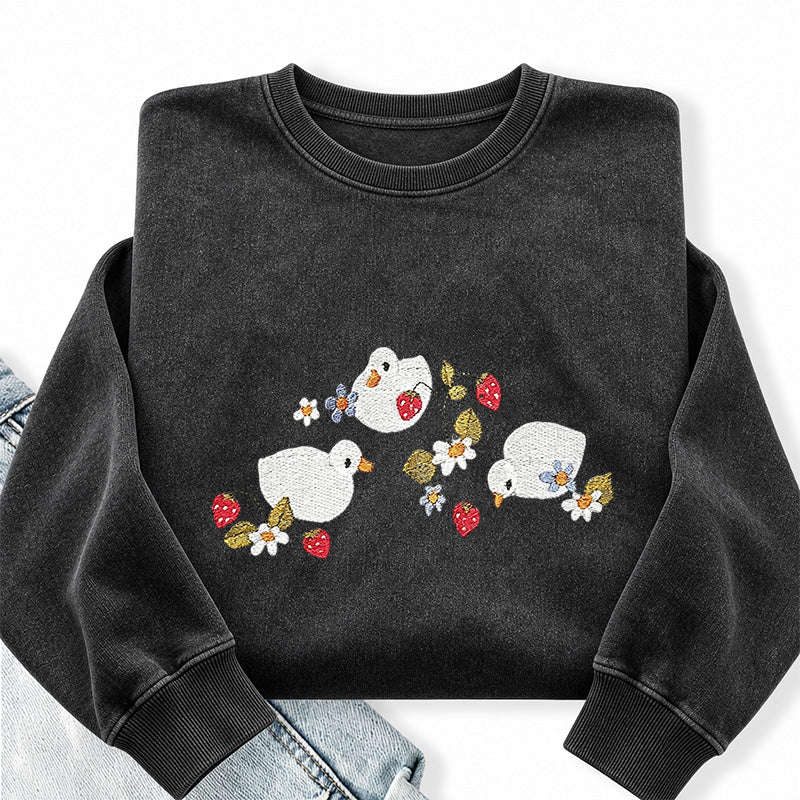 Embroidered Strawberry Duck Washed Crewneck Sweatshirt