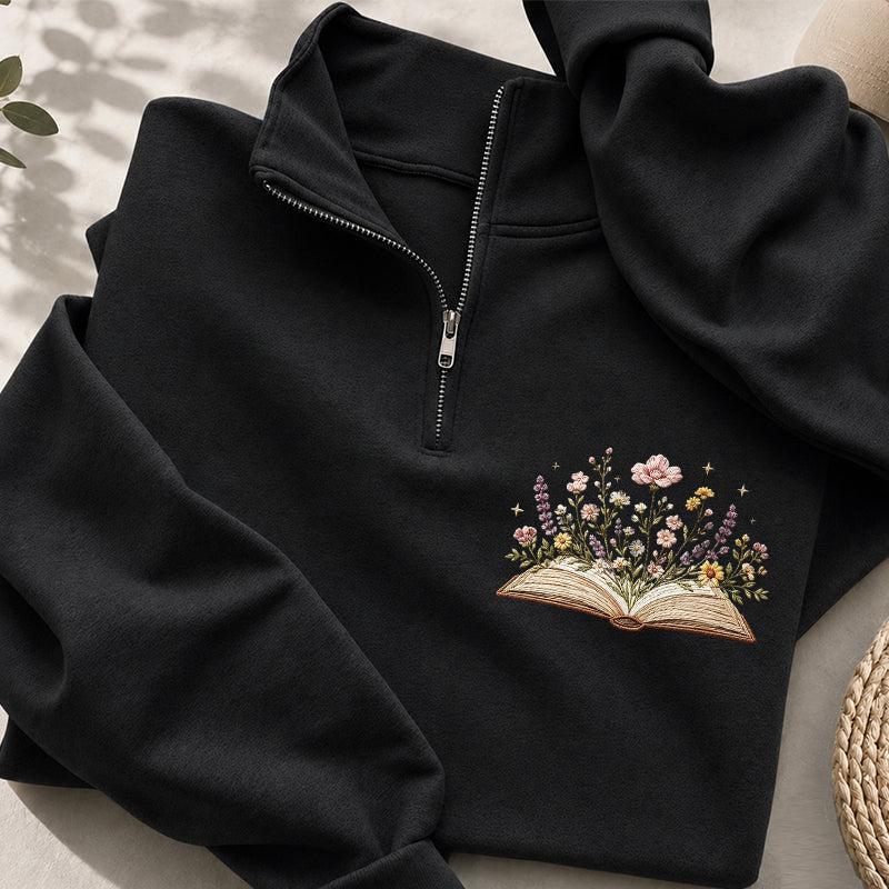 Embroidered Floral Book Classic Quarter Zip Sweatshirt