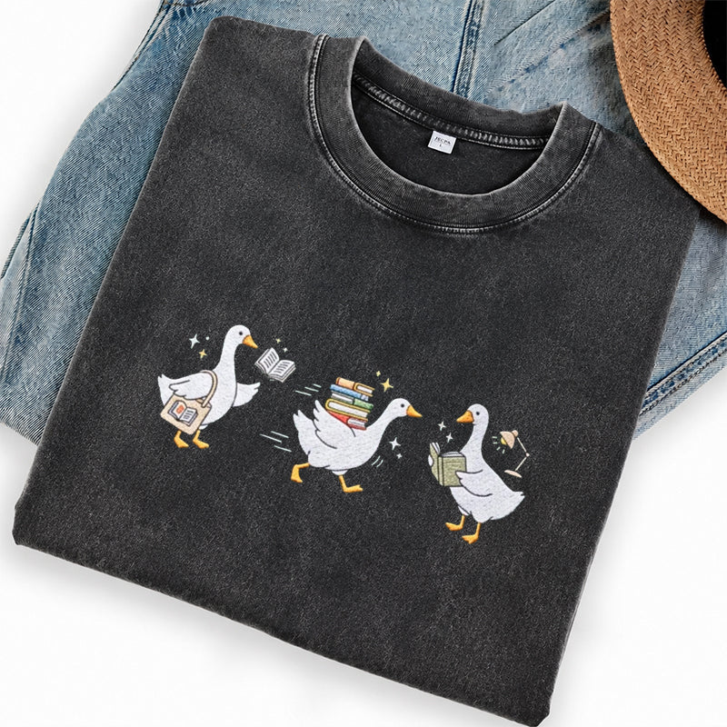 Embroidered Goose Reading Books Washed Crew Neck T-Shirt