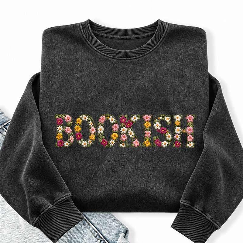 Embroidered Floral Bookish Washed Crewneck Sweatshirt