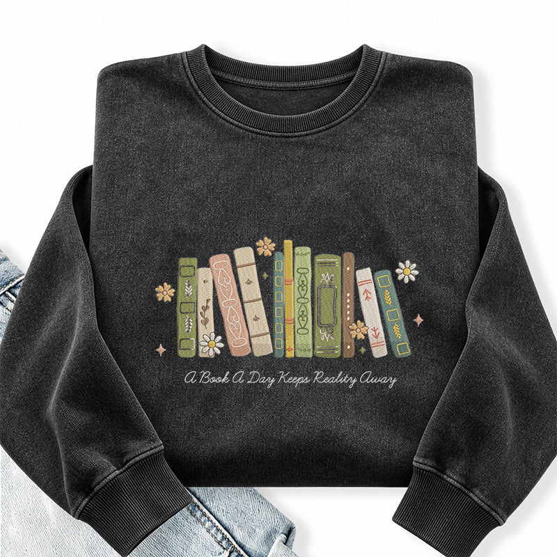 Embroidered A Book A Day Washed Crewneck Sweatshirt
