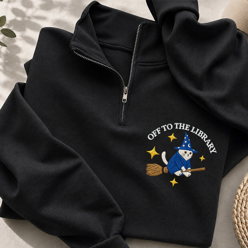 Embroidered Cat Off To The Library Classic Quarter Zip Sweatshirt
