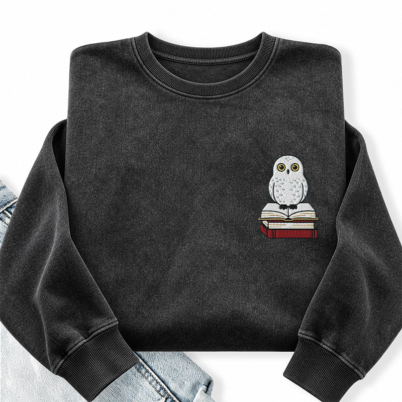Embroidered Snow Owl On Bookstack Washed Crewneck Sweatshirt