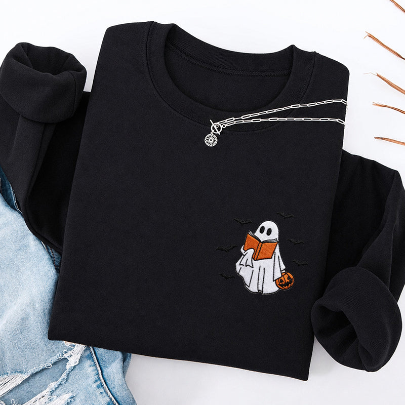 Embroidered Halloween Reading Ghost Classic Crewneck Sweatshirt