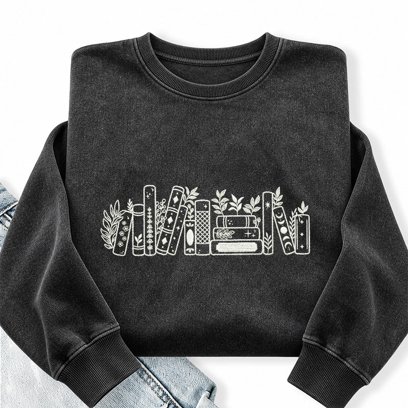 Embroidered Flower Book Washed Crewneck Sweatshirt