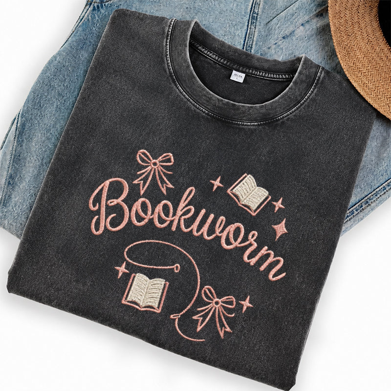 Embroidered Funny Bookworm Washed Crew Neck T-Shirt