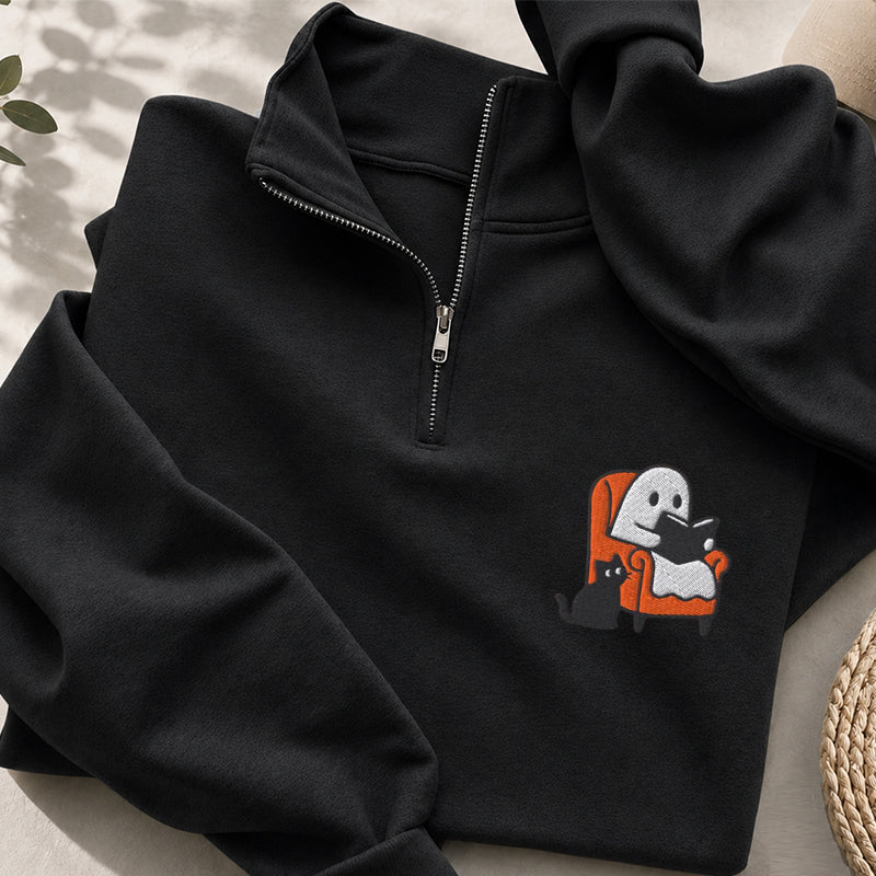 Embroidered Ghost Reading On Sofa Classic Quarter Zip Sweatshirt