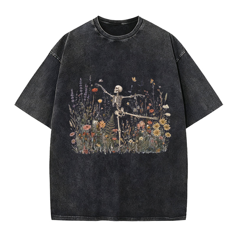 Dancing Skeleton In The Garden Washed Crew Neck T-Shirt