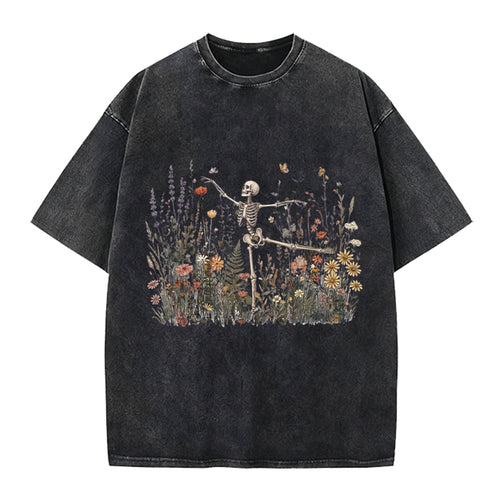 Dancing Skeleton In The Garden Washed Crew Neck T-Shirt