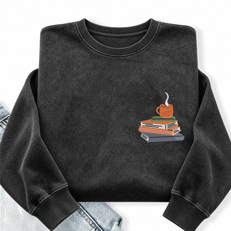 Embroidered Book And Coffee Washed Crewneck Sweatshirt