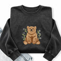 Embroidered Floral Bear Washed Crewneck Sweatshirt